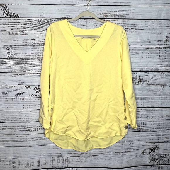 Soft Surroundings Fairmont Tunic Top Roll Tab Sleeve V-Neck Yellow Women's SM - Picture 2 of 4
